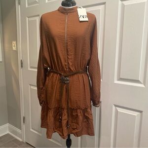 NWT Zara Rust Long Sleeve Dress with Belt M/L
